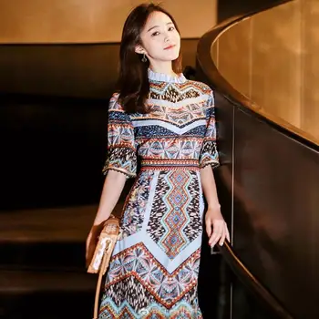 

Vintage Brand Design Luxury Party Clothes 2020 Summer Women Fashion Round Neck Floral Print Sleeve Ruffles Slim Midi Dress