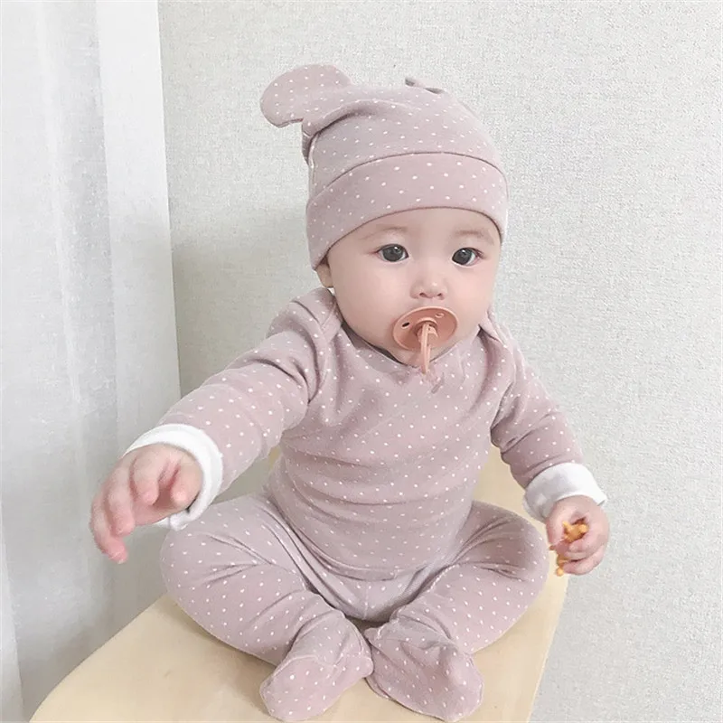 Новое платье в горошек для маленьких девочек комплект одежды топ и штаны шапочка