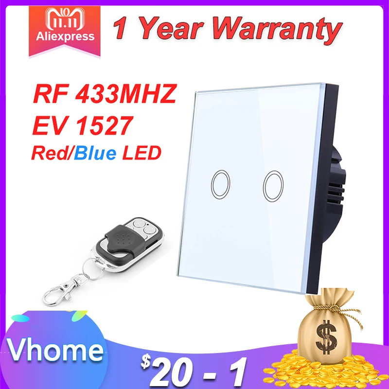  EU Standard VHOME Smart Touch Switch 2 Gang 1 WayWhite Crystal Glass Switch Panel Sensor Switch wit - 32953386490