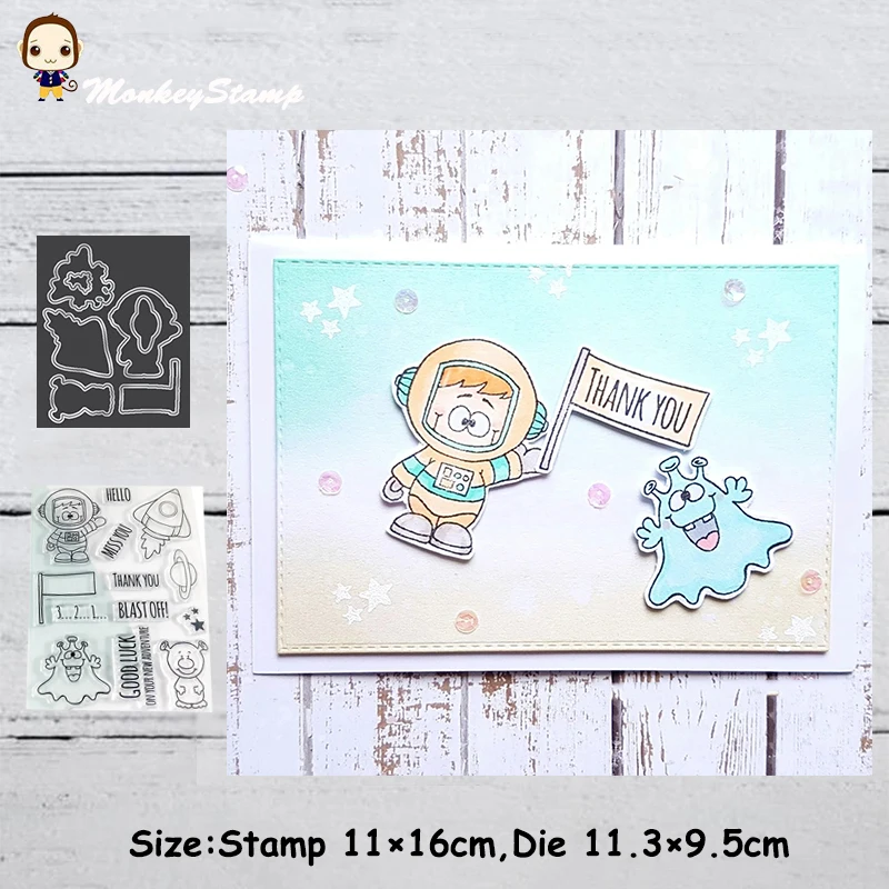 

Monkey Astronauts and Aliens Rocket Metal Cutting Dies and Stamps Stencil for DIY Scrapbooking photo album Embossing Paper Cards