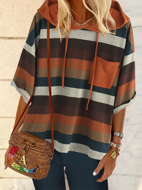 US $13.20 Stripe Batwing Sleeve Women Hooded Sweatshirt 4XL 5XL Plus Size Hoodie 2020 Spring Casual Half Slee