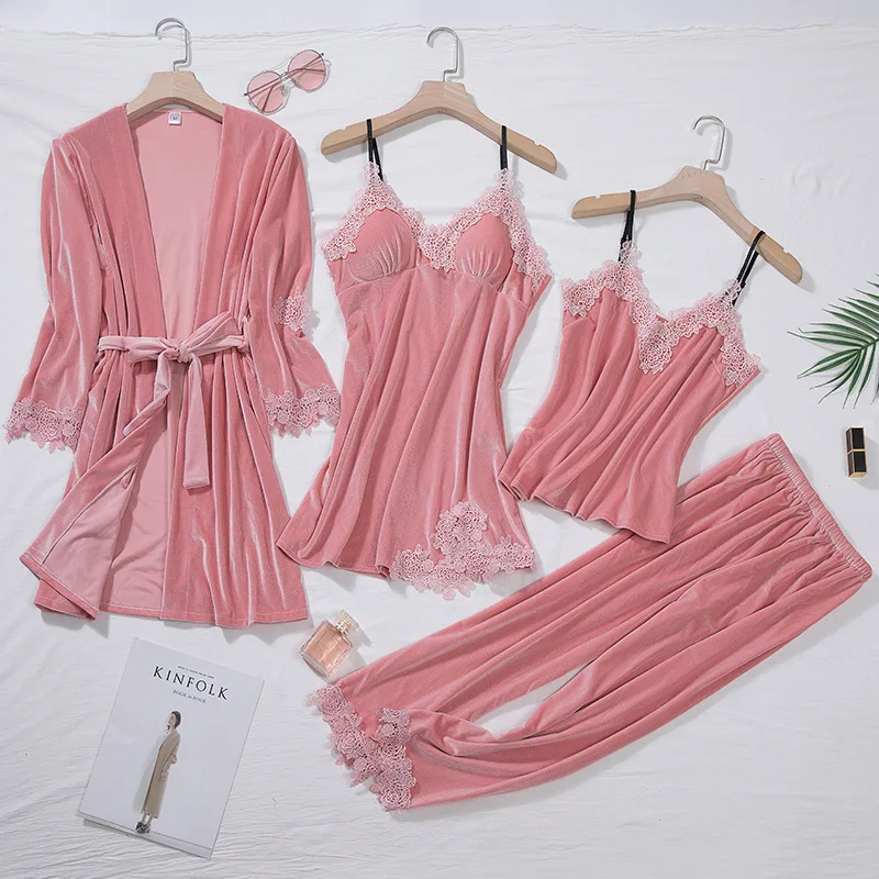 

Four-Piece Women's Autumn & Winter Gold Velvet Set Pajamas Two Third Skirt Women's Robes with Drawstring Camisole with Chest Pad