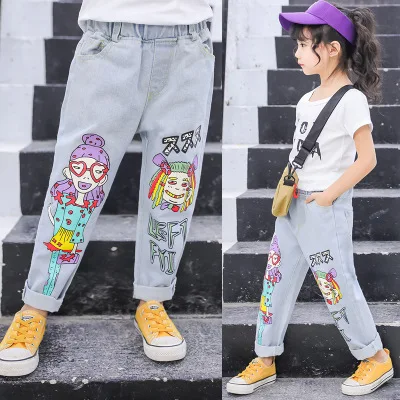 Zsiibo Girls Jeans Cartoon Anime Beauty Hipster Children S Jeans Children S Clothing Teen Girls Jeans Kids Aliexpress