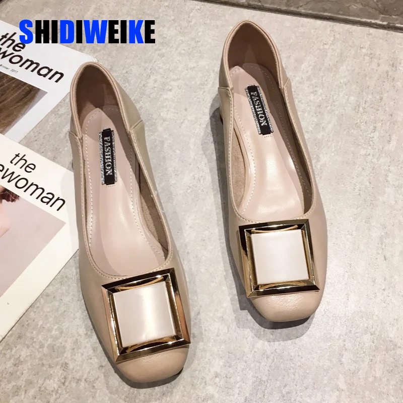 Women Flats Shoes Low Wooden Heel Ballet Square Toe Shallow Buckle Brand Slip On Loafers zapatos de mujer I181 | Обувь