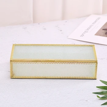 

Golden Vintage Glass Lidded Box Edge Bracelet Keepsake Decorative Jewelry Displa 67JB