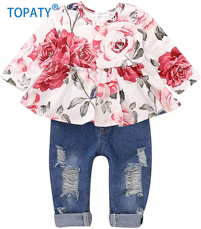 TOPATY, новая брендовая одежда для девочек, наряды милый комплект одежды с длинными рукавами и цветочным рисунком для маленьких девочек, топ с оборками и цветочным рисунком