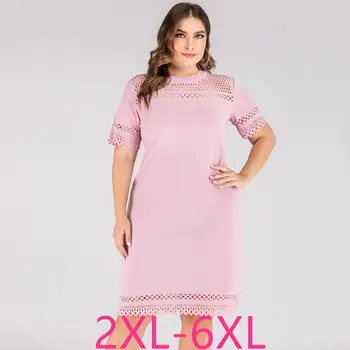 

Spring summer plus size dress for women large loose casual lace short sleeve elegant hollow out O neck dresses pink 4XL 5XL 6XL
