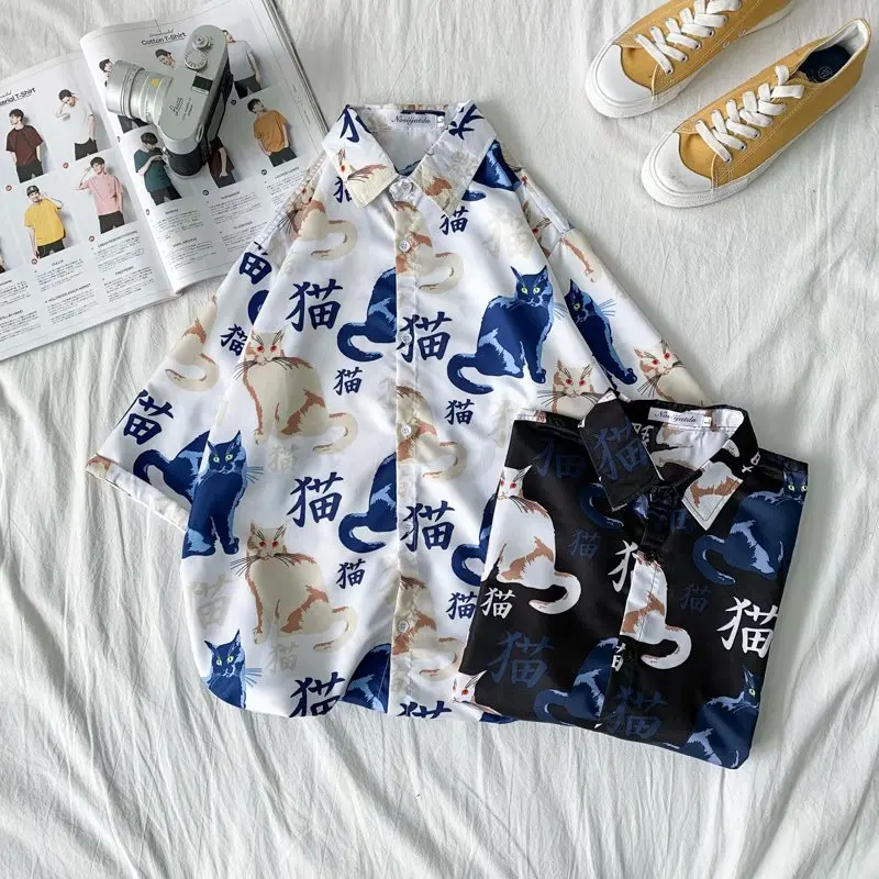Fashion Mens Short Sleeve Hawaiian Shirt Fast drying Plus Size Asian Size M-3XL Summer Casual Cute cat Beach Shirts For Men