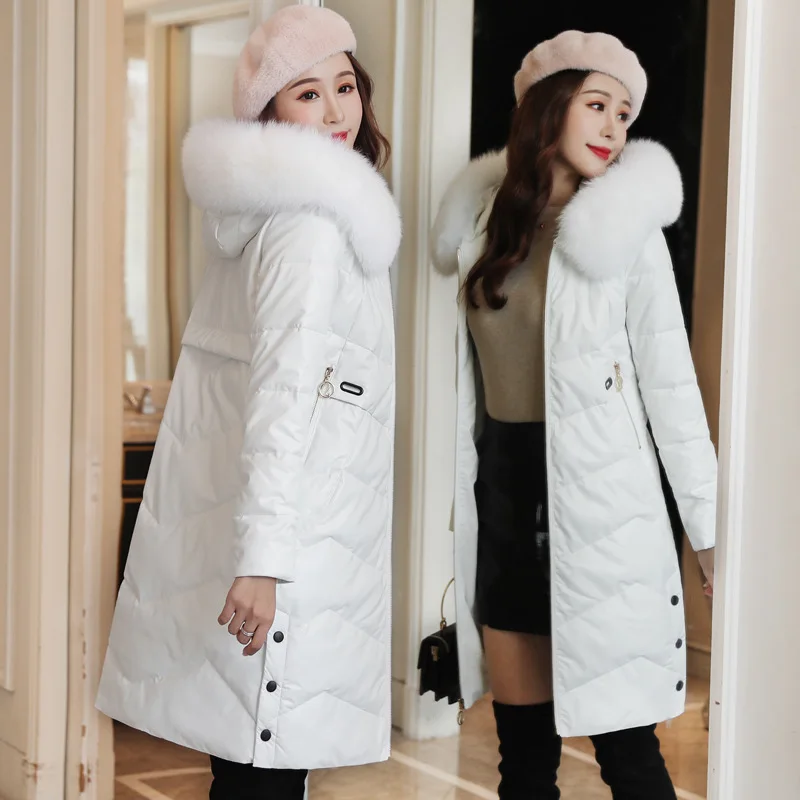 

2019 Korean-style Winter New Style Medium-length down Jacket Cotton-padded Clothes PU Leather Faux Fox Fur Collar Leather Cotton