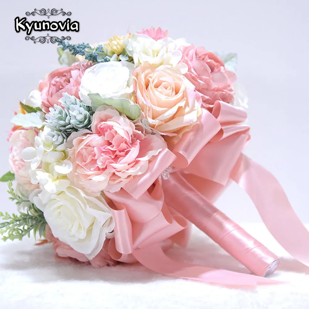 Wedding Bouquets Artificial Peony Flowers Kyunovia Wedding Bouquet Ivory and Blush Pink Peony Silk Bridal bouquet