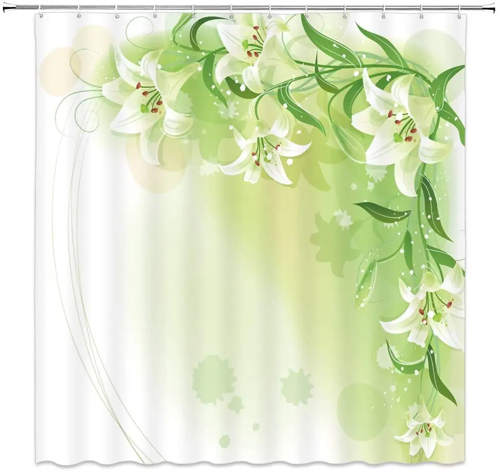Plant White Flower Shower Curtains Green Leaves Bathroom Decor Background Waterproof Polyester Fabric Bath Cloth Curtain Sets | Дом и сад