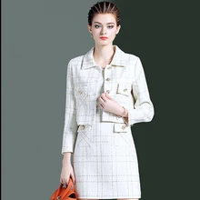 YAMDI, винтажный женский клетчатый Блейзер, костюмы,, осень, зима, 2 предмета, юбка, набор, корейский, двубортный, балзер, куртка+ юбка-карандаш