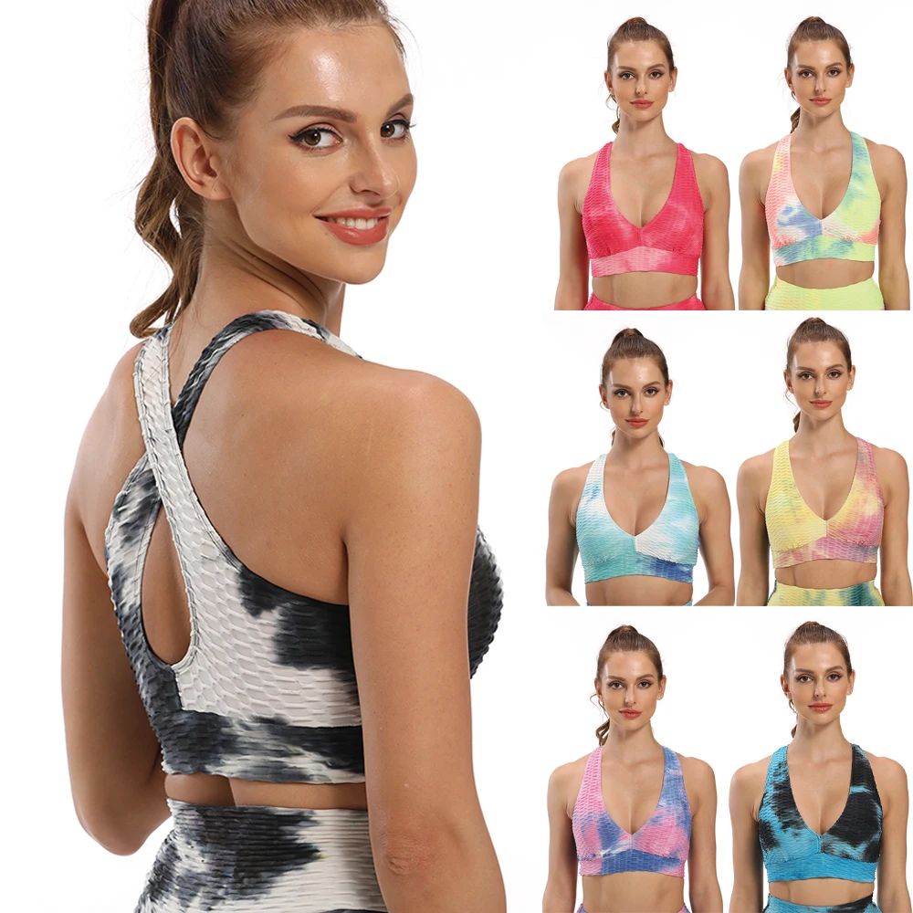 

Tie Dye Sports Bra Women Shockproof Workout Yoga Vest with Pad Gym Fitness Push Up Quick Dry V Neck Tank Top Running Bralette