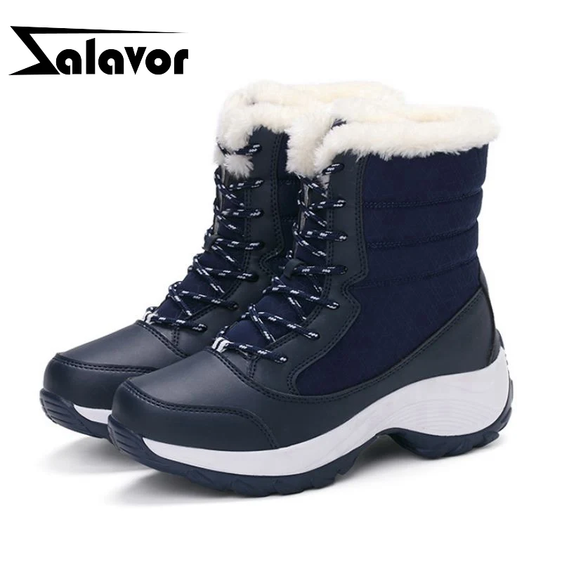 

ZALAVOR Children Ankle Snow Boots For Women Winter Lace Up Warm Plush Fur Cotton Shoes Women Flats Short Boots Size 31-43