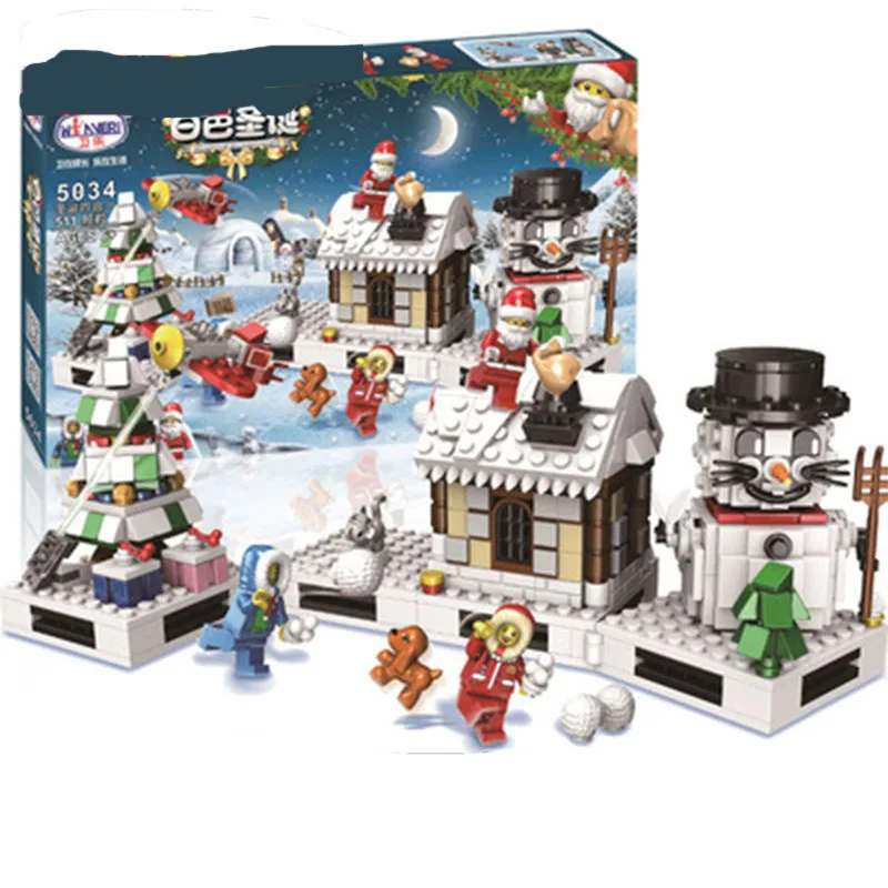 

2019 Crystal Box Santa Village Train claus snowman Model Building Kits Blocks Legoinglys Bricks Kids Christmas Gifts with Box