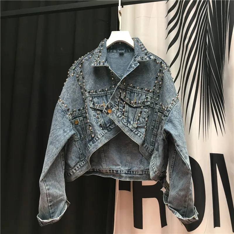 

Autumn New Women Asymmetric Casual Batwing Sleeve Denim Jacket Oversized Loose Short Boyfriend Hip Hop Rivet Beads Jeans Coat