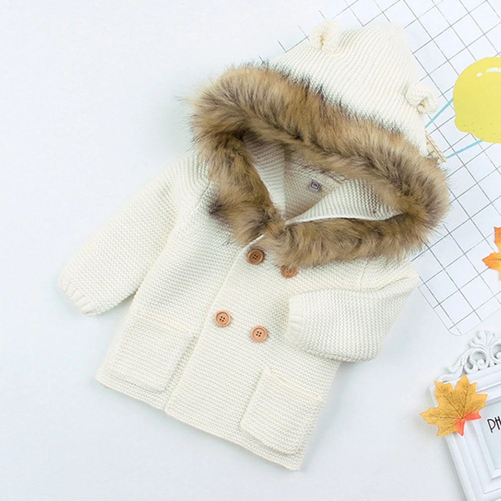Зимнее теплое вязаное пальто с капюшоном для новорожденных мальчиков и девочек куртка с меховым воротником плотная осенняя одежда