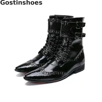 

Men Boots Black Genuine Leather Buckle Straps Lace-up Ankle Boots Snakeskin Printed Rivets Decoration Wing Tip Metal Capped Toe