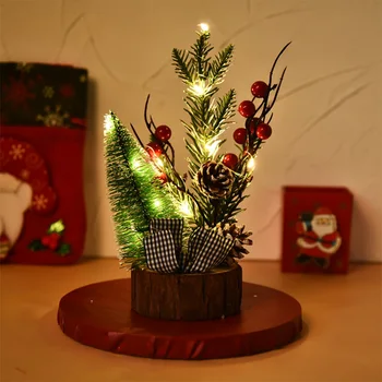 

Wooden Christmas Artificial Pine Cones With LED Light Desktop Ornaments Decor Mini Christmas Tree With Illuminated Wooden Tab