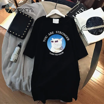 

2020 Women Cartoon Printed Cat Summer Dress Casual Loose Fashion Mini Plus Size 4XL Dresses Black White Female Party Club Dress