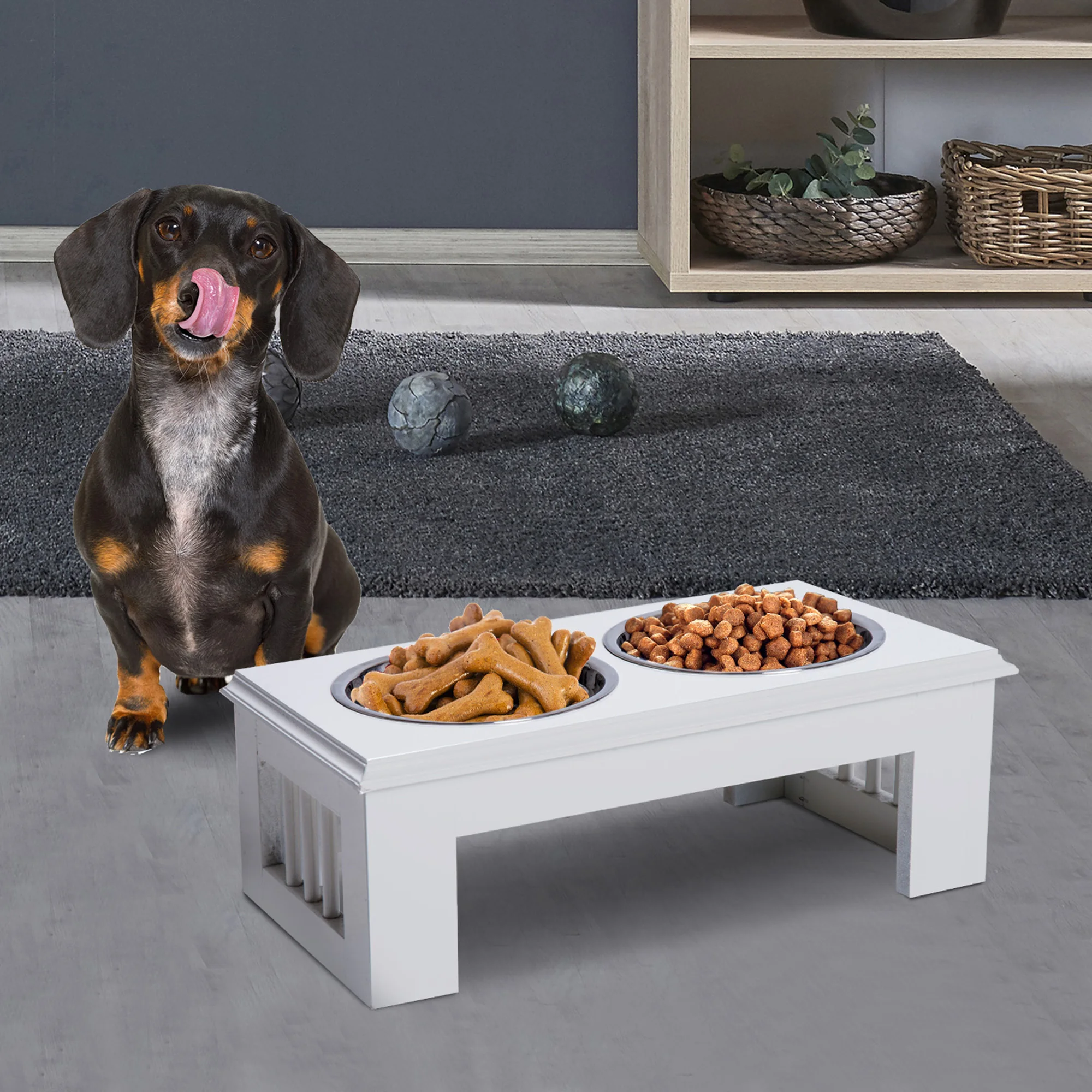 PawHut Raised Pet Feeding Storage Station with 2 Stainless Steel Bowls Base for Large Dogs and Other Large Pets, Gray