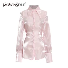 TWOTWINSTYLE Solid Color Silk Shirt Women Casual Slim Fit Lace-up Top High Waist Polyester Blouse Female 2021 Autumn Fashion New