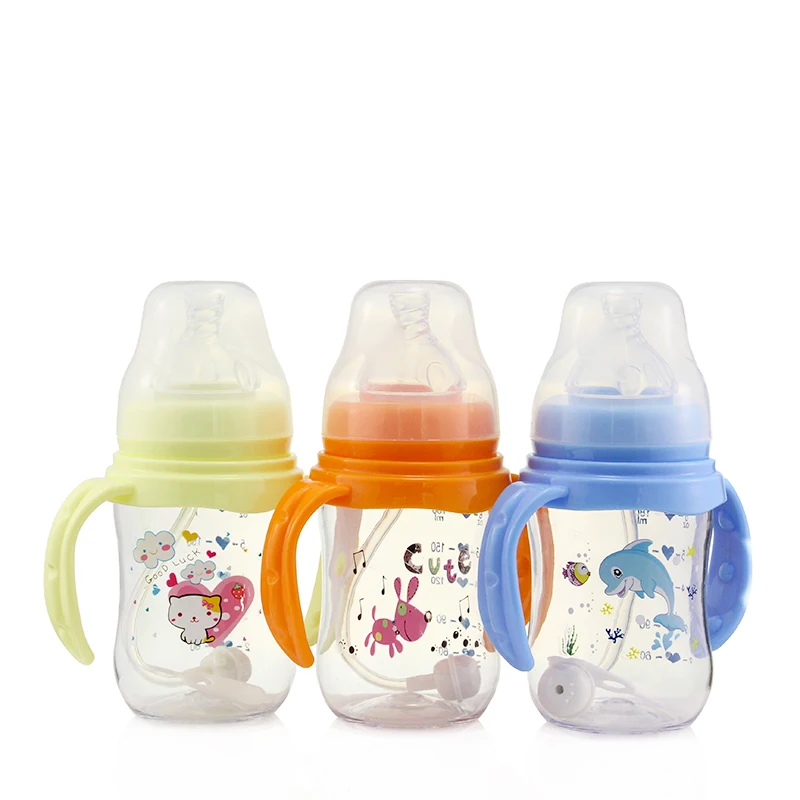 

180ml Cute Baby Milk Feeding Bottle With Anti-Slip Handle & Cup Cover Wide Mouth Water Training Bottle New