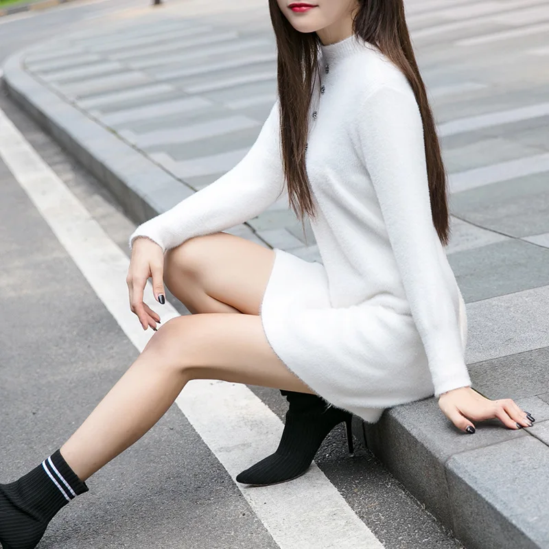 

Autumn And Winter Imitation Mink rong mao yi Korean-style Mid-length Dress Loose-Fit Crew Neck Fashion Knit Base Sweater Dress