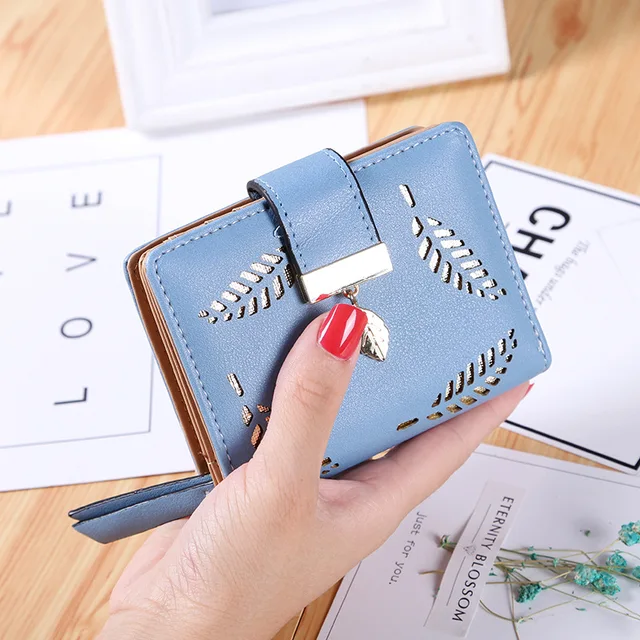 Women's Hollow Golden Leaf Buckle Wallet Female Long Zipper Coin Purses Ladies Multifunction Card Holder Clutch Money Bag Blue Short