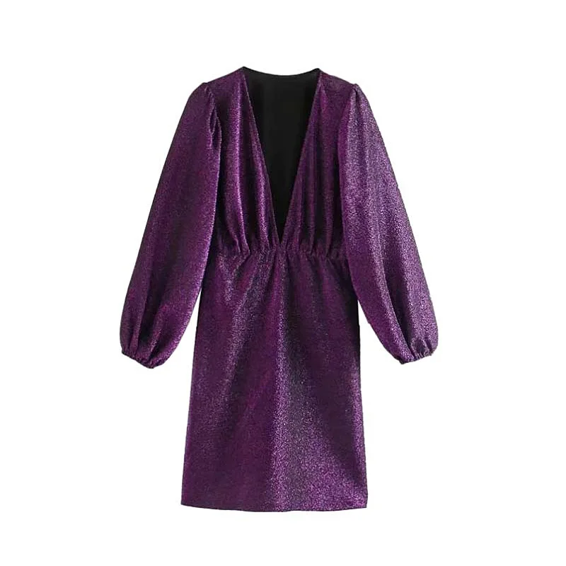 Винтажное элегантное фиолетовое Плиссированное мини-платье для женщин, мода, v-образный вырез, длинный рукав, эластичные сексуальные вечерние платья для женщин, Vestidos