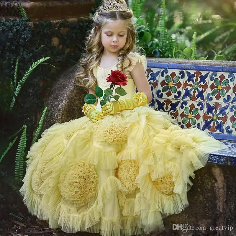 

Cute Yellow Flower Girl Dresses Jewel Ruffles Petaline Girls Evening Party Communion Prom Dress Kid Pageant Gowns Plus Size Robe