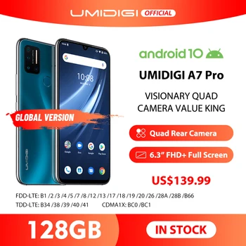 Перейти на Алиэкспресс и купить UMIDIGI A7 Pro 6,3 дюймFHD + безрамочный экран полный Экран Quad Камера Andriod 10 4G + 128 ГБ Встроенная память LPDDR4X Octa Core глобальная версия мобильного телефона 4150 ...