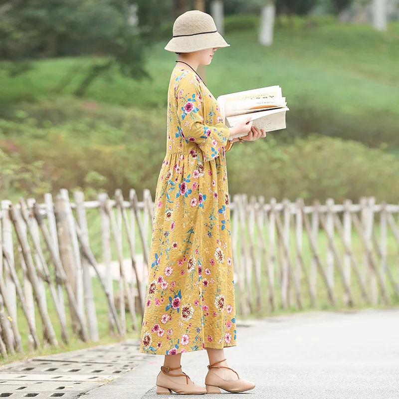 

2019 Summer New Style Cotton Linen WOMEN'S Dress National Wind Retro Large Size Printed Loose-Fit Slimming Big Hemline Dress Wom
