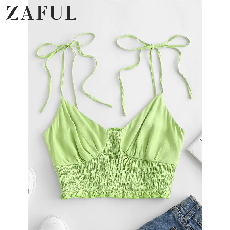 

ZAFUL Shirred Tie Shoulder Crop Camisole Solid Spaghetti Strap Lace-up Short Shirt Women Crop Top V-Neck Sexy Camis 2019
