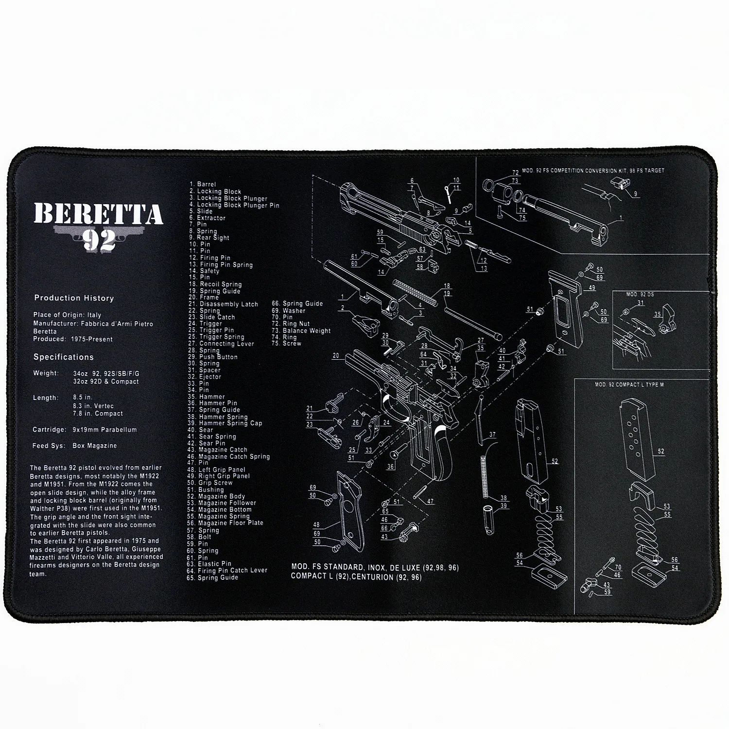 

Waterproof Gun Cleaning Rubber Mat for Beretta 92 Pistol Armorers Gunsmith Disassembly Tool with Parts List Patches Bench Pads