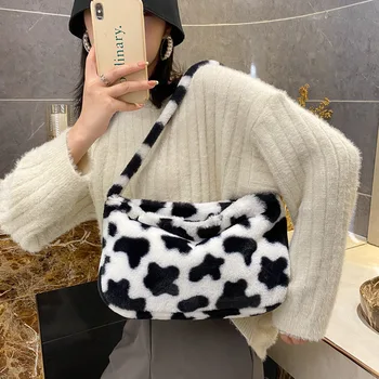 

Soft Cow Pattern Women's Baguette Bags 2020 Winter Warm Plush Shoulder Bag for Ladies Female Handbag Tote Casual Travel Purse