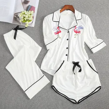 

Women Cotton Sleepwear Pajamas Set 3 Pieces Flamingo Pattern Kigurumi Unicorn 3/4 Sleeves Long Pants Women Shorts Spring Pyjamas