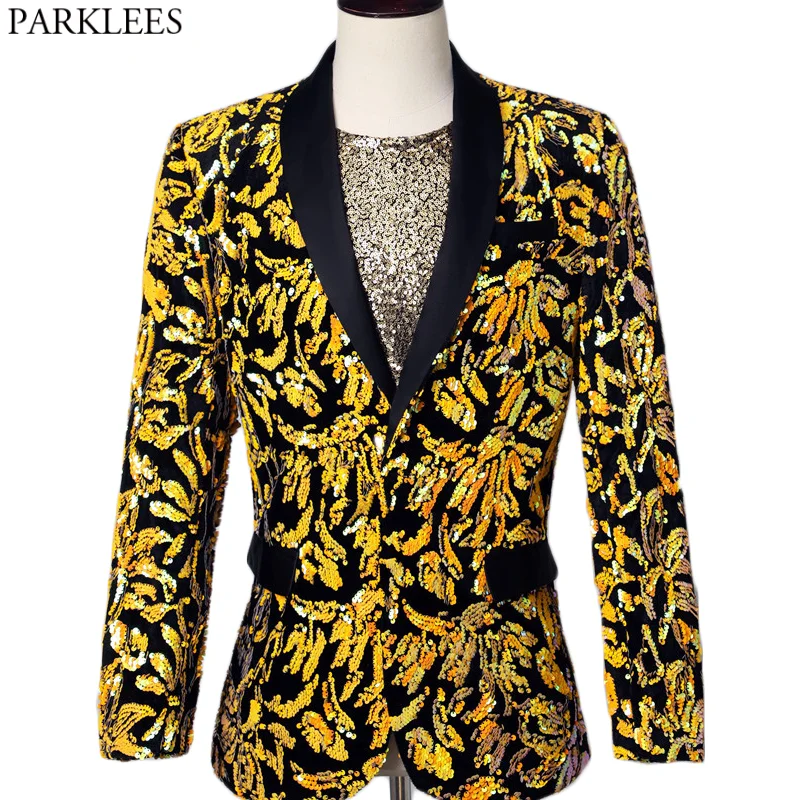 Luxury Golden Floral Suit Jacket Men Single Breasted Shawl Collar Slim Fit Dress Blazers Mens Club Party Prom Singer Costumes | Мужская