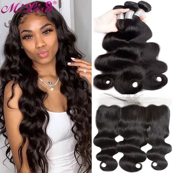 

10- 30 inch Body Wave 3 Bundles With Frontal Closure Human Hair Weave Remy Peruvian Hair 13x4 Lace Frontal With Bundles Mi Lisa