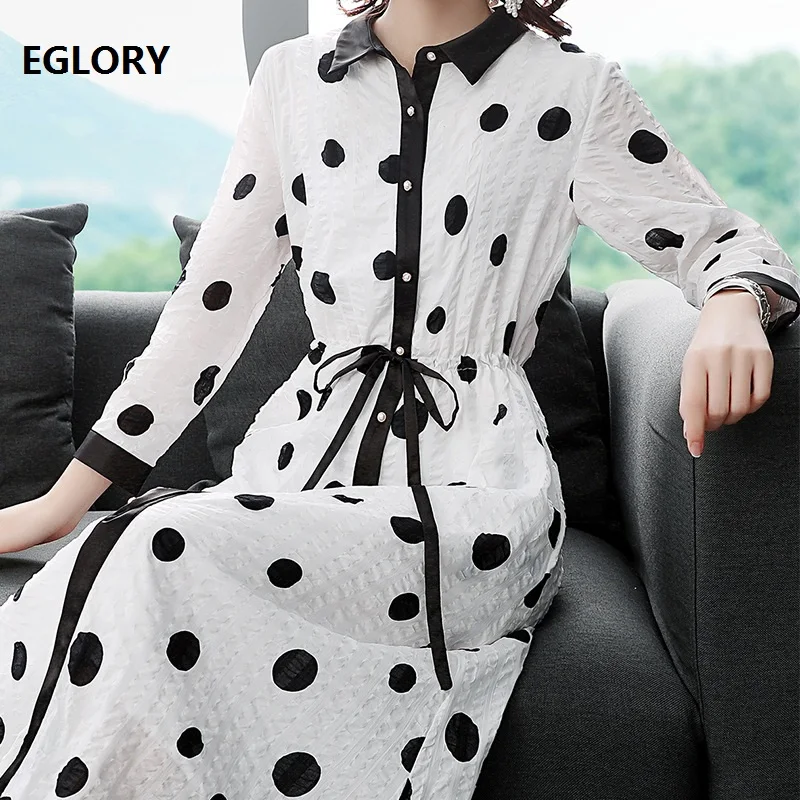 

High Quality Runway Dress 2019 Autumn Style Women Turn-down Collar Polka Dot Print Drawstring Waist Mid-Calf Length White Dress