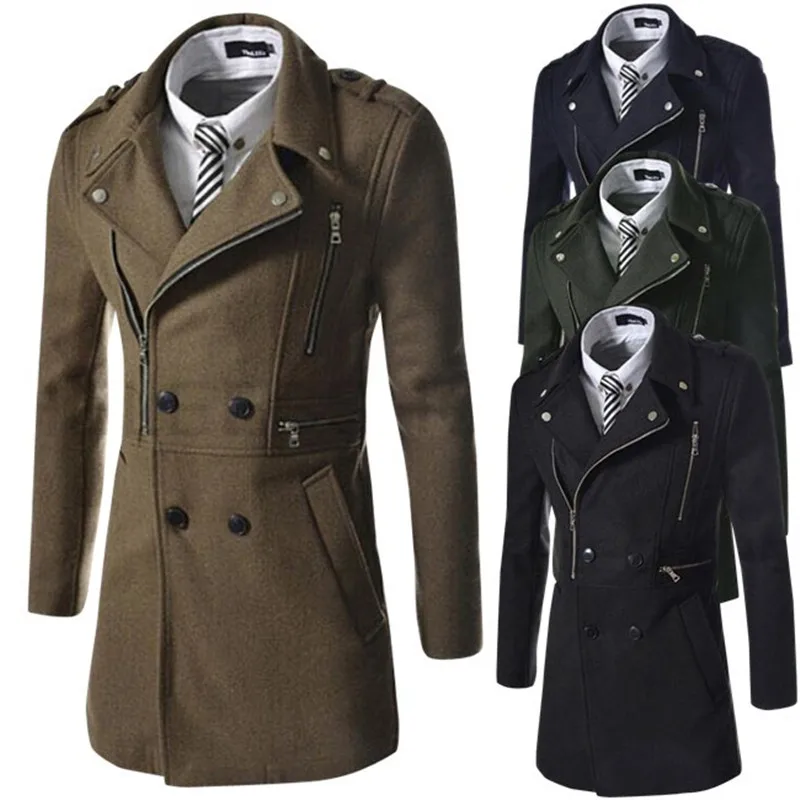 

Men Coat Double Breasted Overcoat New Products Men's Fashion Multi-zipper Design Lapel Woollen Coat Turn-down Collar Wool Blend
