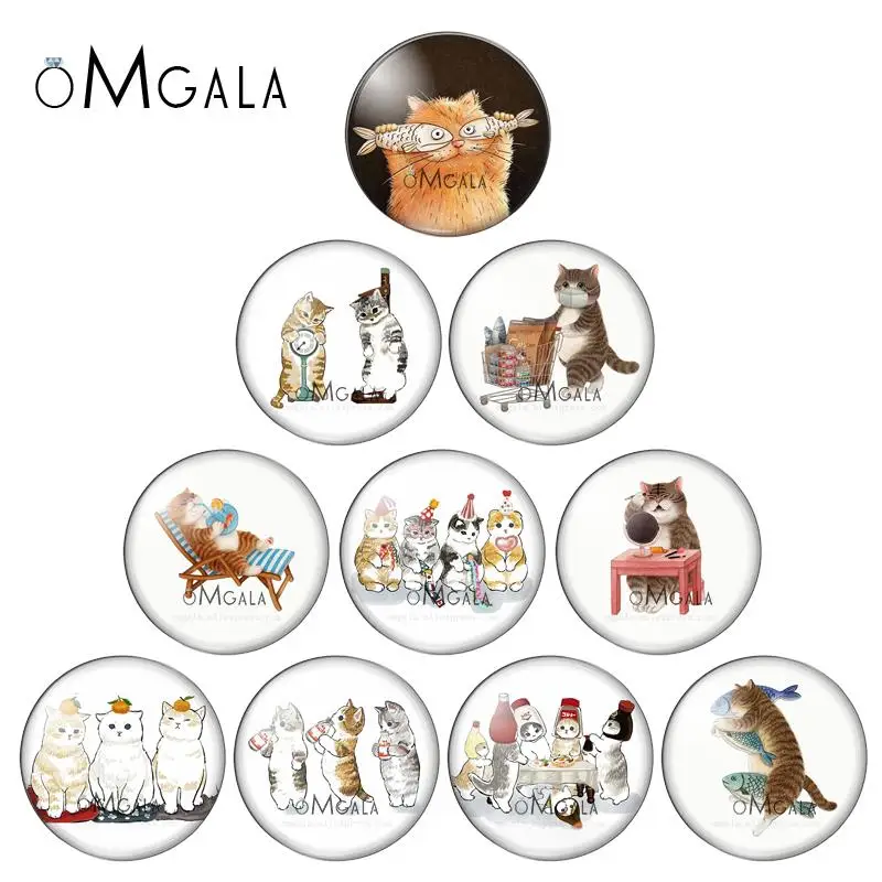

Fashion Cute Funny Cat Fishes Painting 10pcs 12mm/14mm/18mm20mm//25mm Round photo glass cabochon demo flat back Making findings