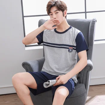 

2020 summer short-sleeved pajamas men's thin knitted cotton shorts loose men's comfortable home service L-XXXL code summer suit