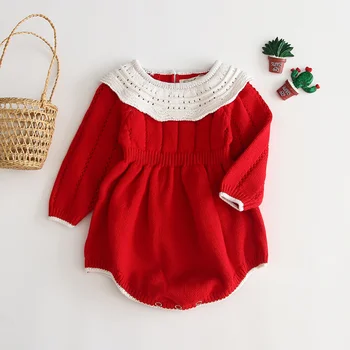 

0-24M Red Christmas Baby Girls Rompers Infant Newborn Girls New Year Costumes Long Sleeve Knitted Jumpsuit Warm Xmas Clothes