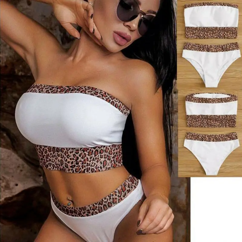 Sexy Womens Bikini Set Leopard Spliced Wrap Bust Padded Bra High Waist Triangle Panty Swimwear Swimsuit Bathing Suit |