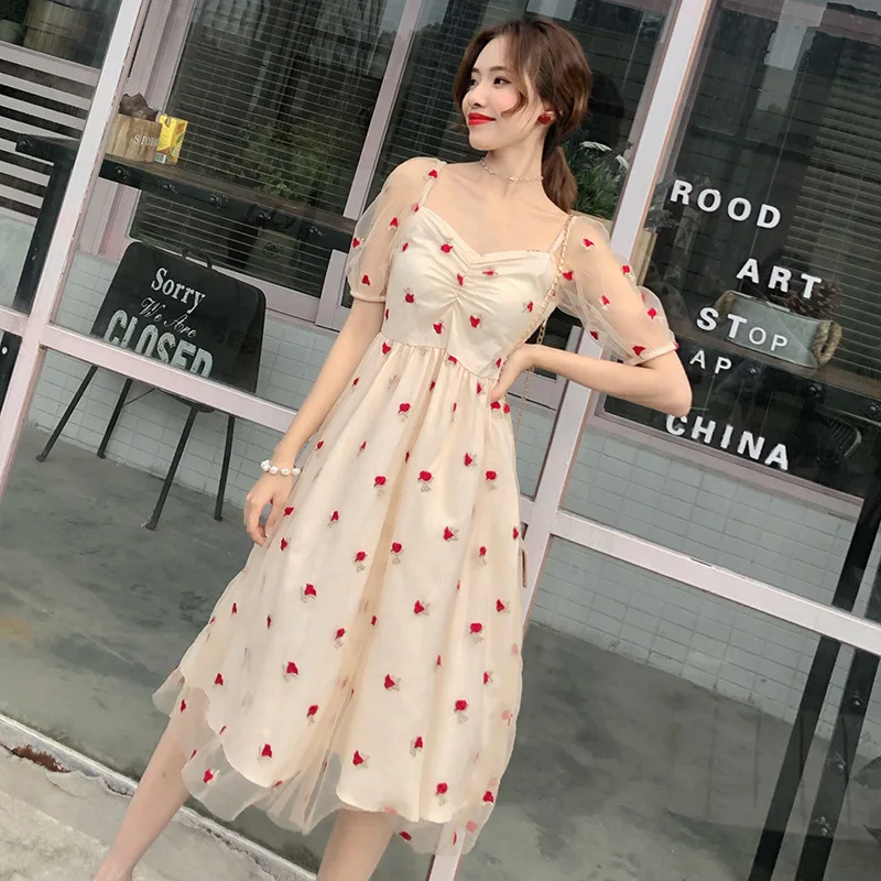 

2019 Summer Wear New Style Korean-style Very Fairy of France Non-mainstream Embroidered Rose Printed Elegant Gauze Fairy Dress