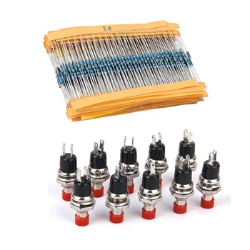

600Pcs 1% Precision 1 / 4W 30 Values ​​Metal Resistor Resistance Kit & 10Pcs Momentary Push Button Switch 7Mm Red