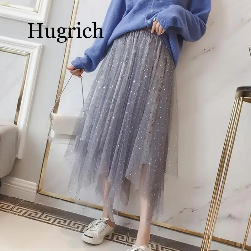 Модные женские юбки из тюля с блестками, осень, высокая талия, плиссированные, миди, длинные юбки, Женская Асимметричная пачка, юбки