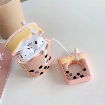 

For AirPods Earphone Case Cartoon Cute Soft Milk Bubble Boba Tea Drink Bottle Soft Silicon Protect Cover With Finger Ring Strap
