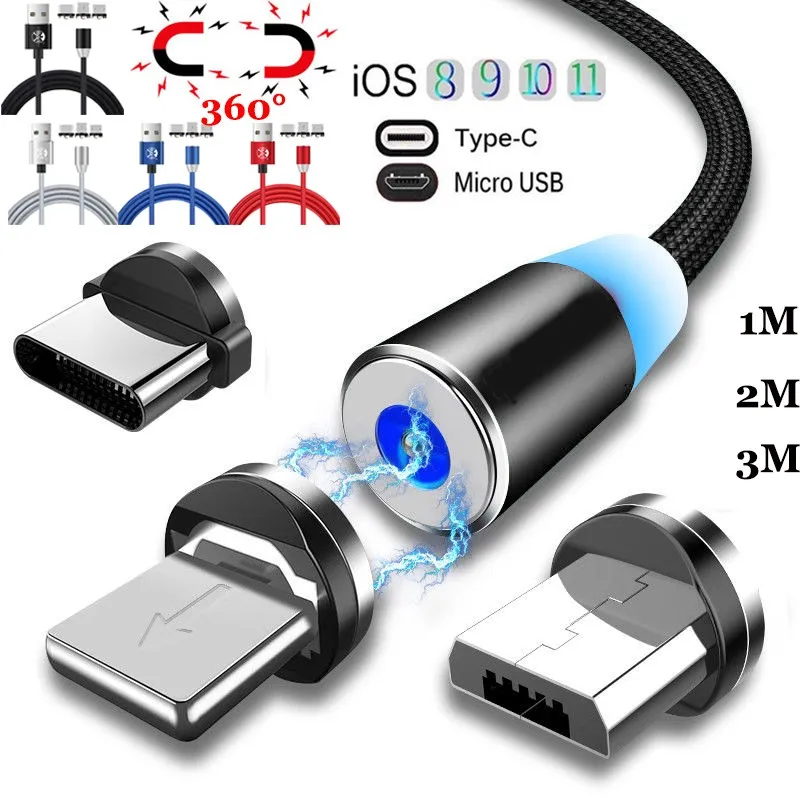 Магнитный кабель для быстрой зарядки на 360 ° IOS Micro usb type C Sumsung S6 S7 S8 J6 J7 J8 iPhone 6 7 8 X XS XR